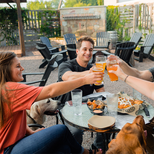 Four friends eating food on an outdoor patio clink their glasses while their dog looks on.