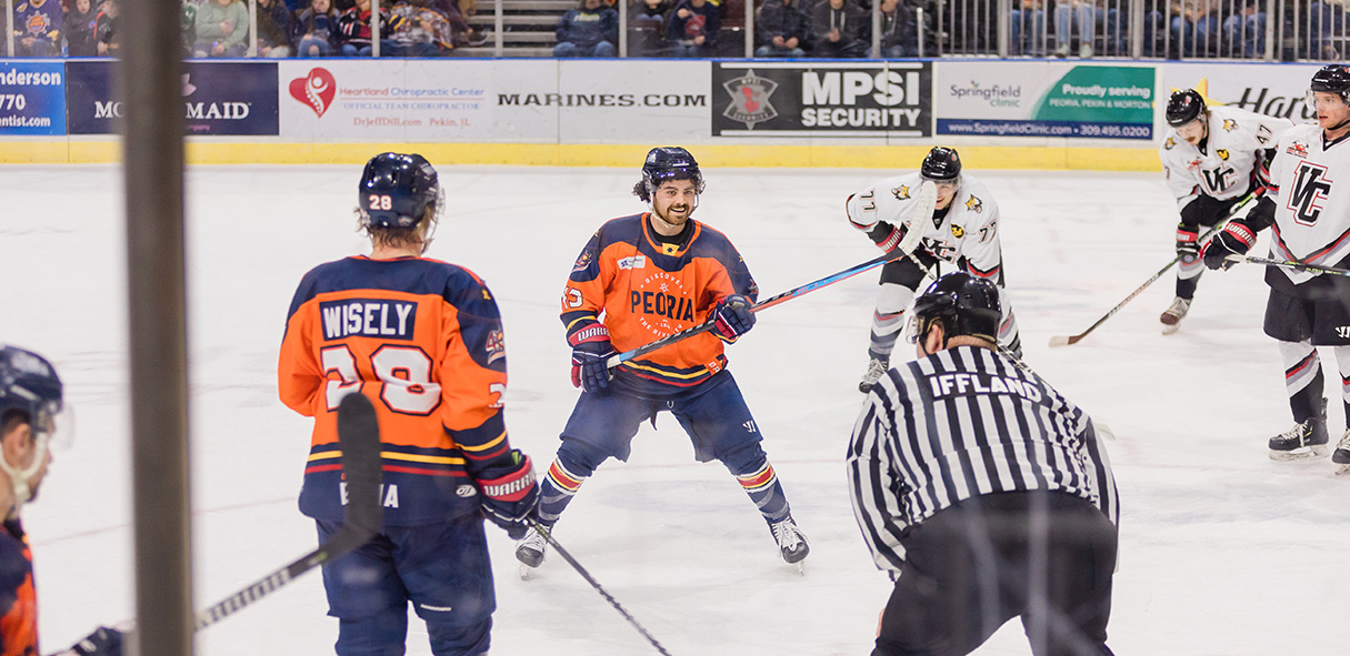 The Peoria Rivermen on the ice at Carver Arena in the Peoria Civic Center