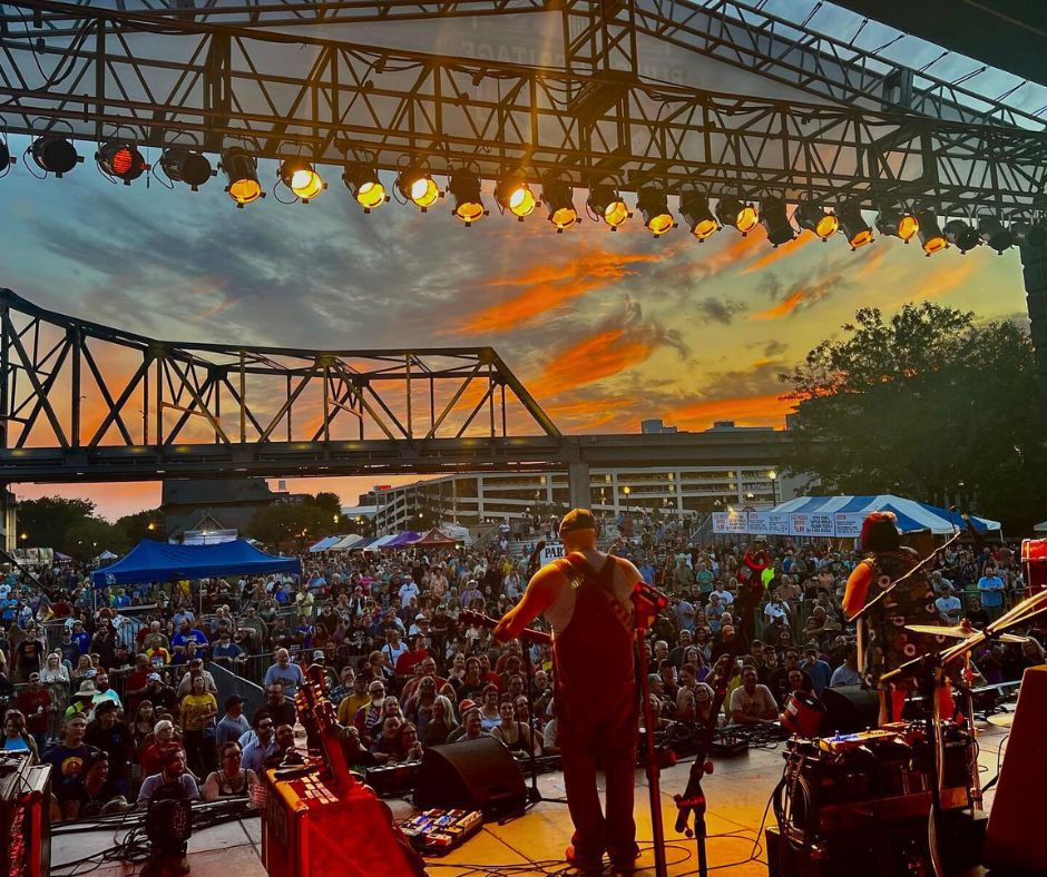 musical group on stage performing in front of a crowd of people at the Blues Festival